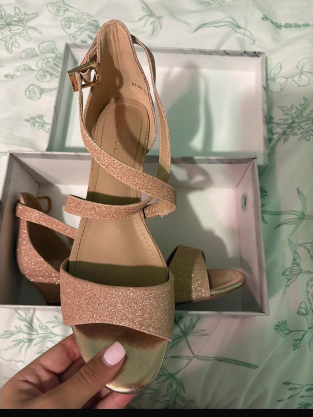 Sparkling Rose Gold Ankle-Strap Block Heels